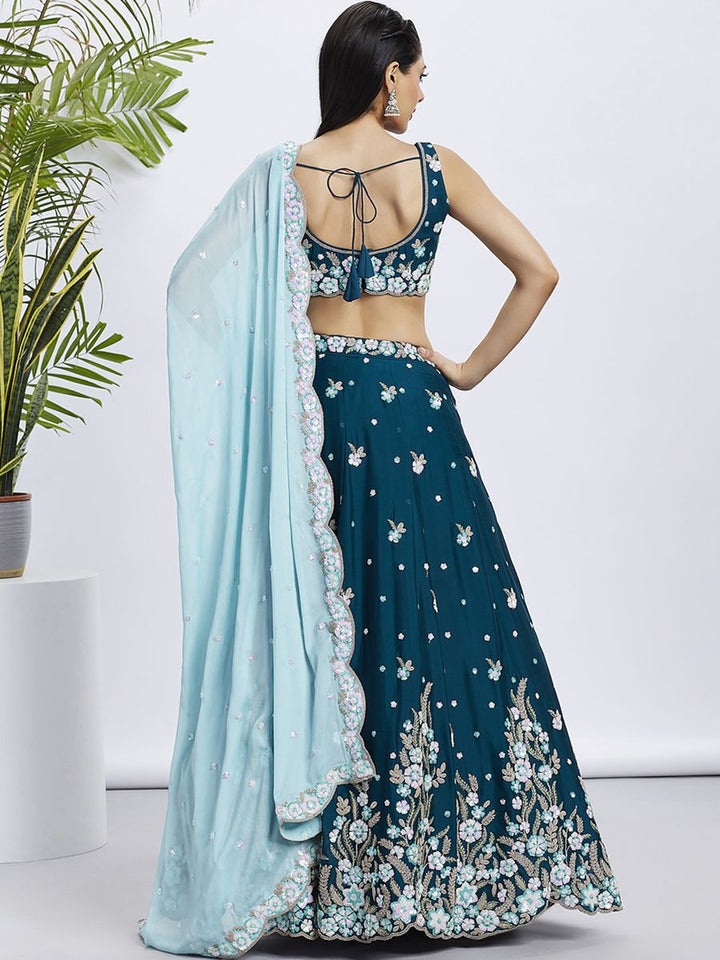 Teal - Pure Georgette Different Color Sequined,Thread,Coding Embroidered Semi-Stitched Lehenga choli