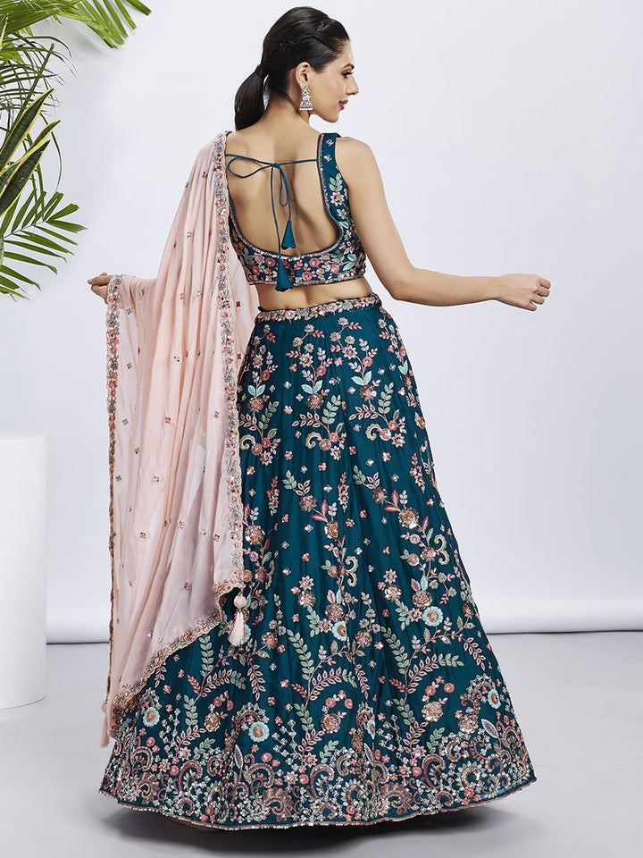 Teal - Pure Georgette Golden Sequined, Multi-Color Thread & Zarkan Embroidered Semi-Stitched Lehenga choli