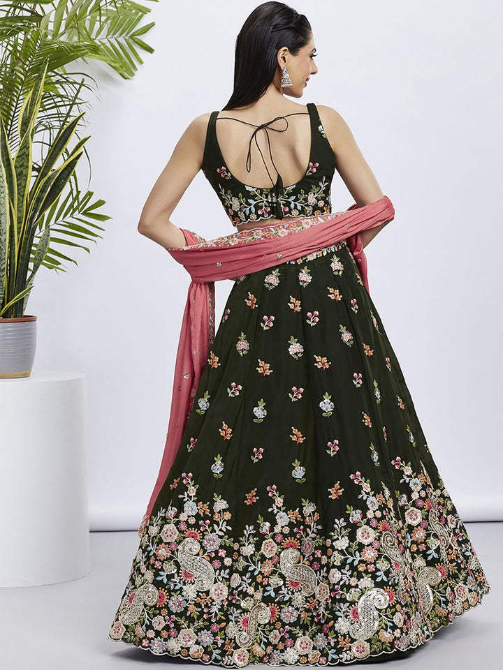 Olive - Golden Sequined & Multi-Color Thread Embroidered Organza Semi-Stitched Lehenga choli for traditional Indian weddings and special occasions