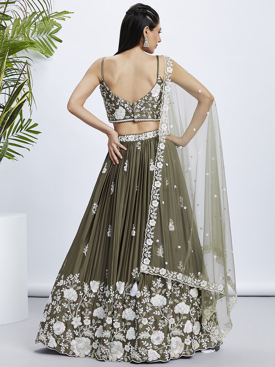 Olive Pure Georgette Sequins and thread embroidery Semi-Stitched Lehenga choli & Dupatta