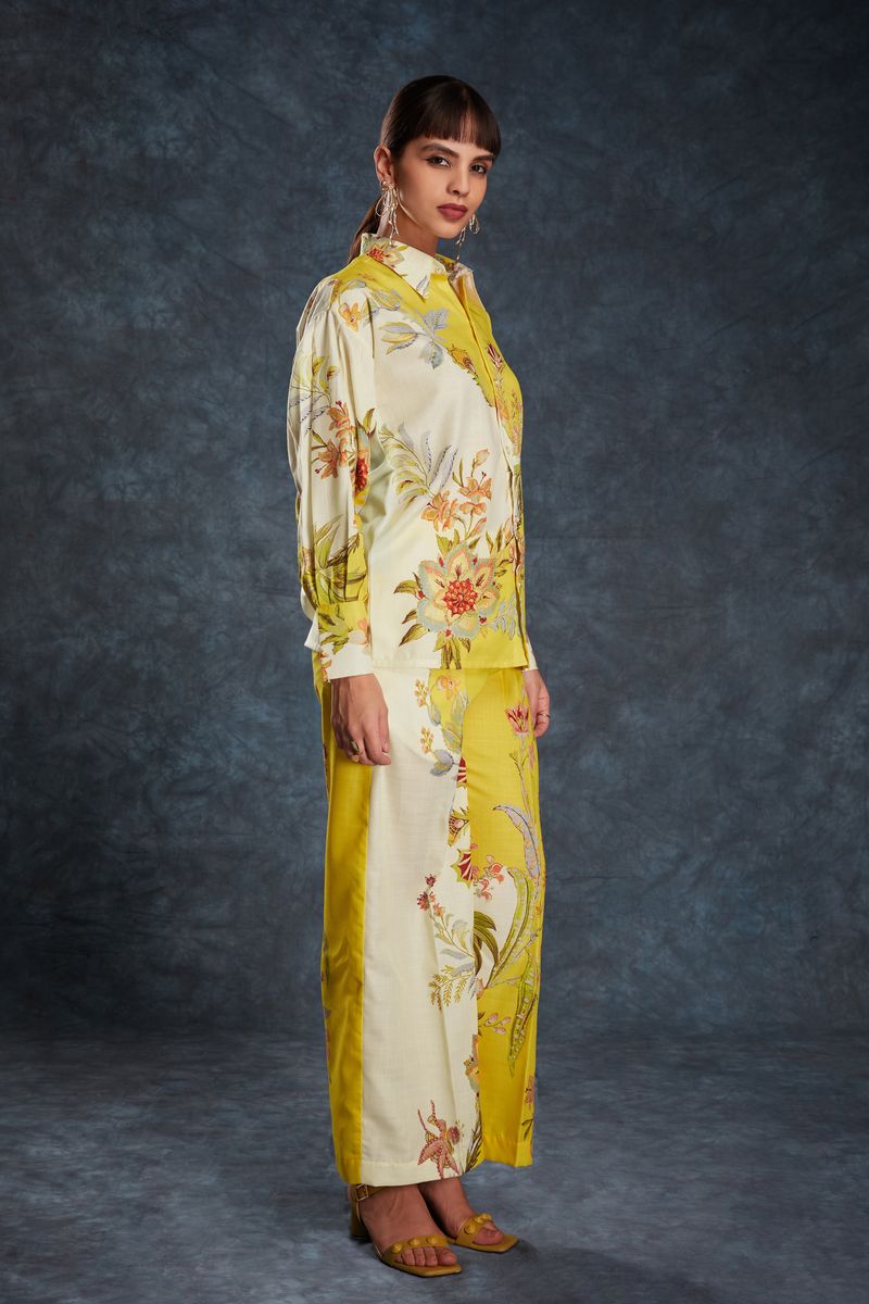 YELLOW LINEN PRINTED TOP,PANT CO-ORD SET - qivii
