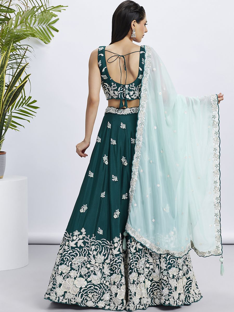 Beautiful Green Pure Georgette White Sequin and Thread Embroidered Lehenga Choli