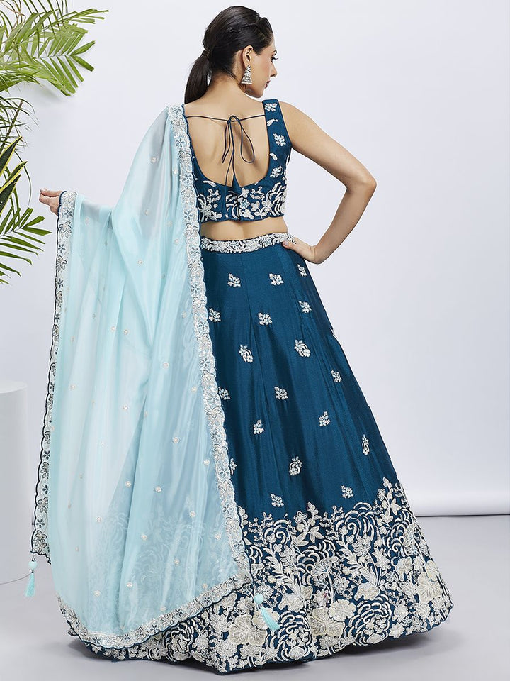 Teal - Pure Georgette White Sequin,White Thread Embroidered Semi-Stitched Lehenga choli