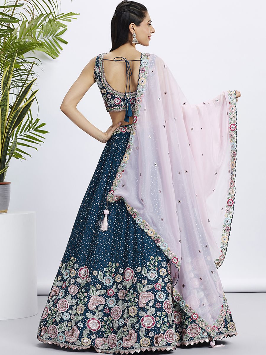 Navy Blue Chiffon Multi-Color Thread and Sequin Heavy Embroidered Semi-Stitched Lehenga with intricate design and stunning embellishments