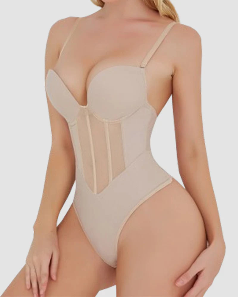 Women's Tummy Control Thong Sheer Mesh Corset Top Backless Bodysuits  - By Qivii