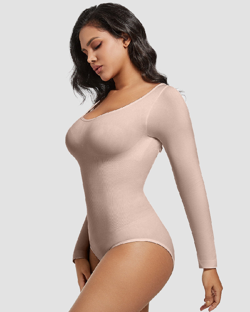 Seamless Crew Neck Long Sleeve Corset Bodysuit Tops Stretch Triangle Jumpsuit  - By Qivii