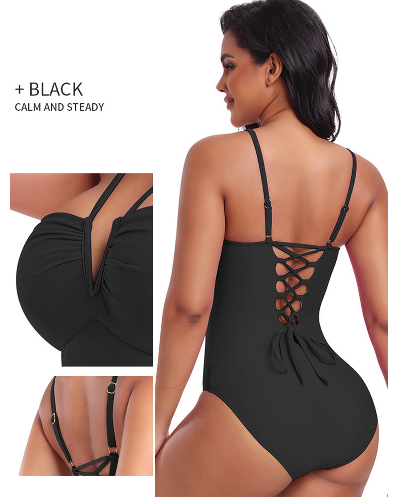 Sexy Strappy Triangle V-shaped Halter Neck One-piece Body Shaping Swimsuit  - By Qivii