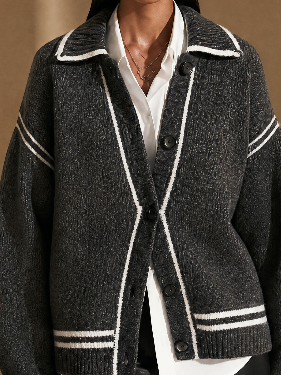 Women's Contrast Trim Relaxed Knit Lapel Cardigan