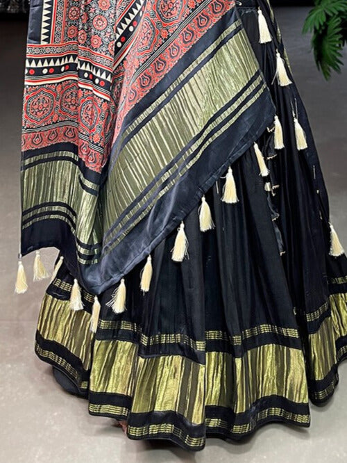 Gaji Silk Dyeing With Lagdi Patta Lehenga Choli In Black Color