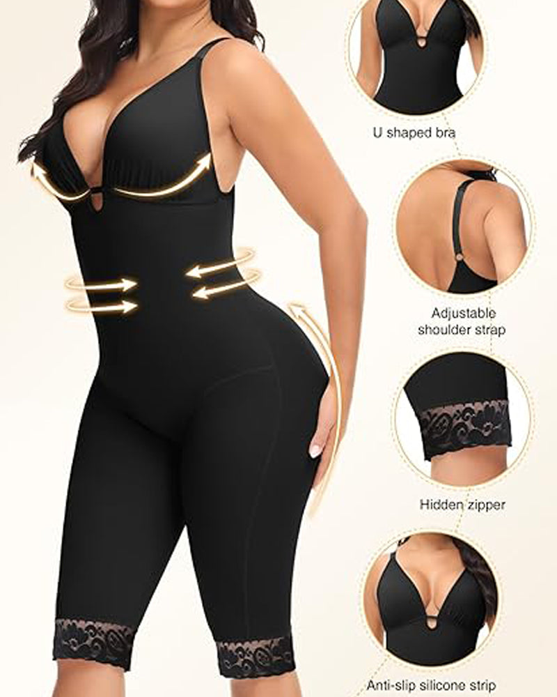 U Plunge Tummy Control Mid Thigh Bodysuit Seamless Full Body Fajas Shapewear  - By Qivii