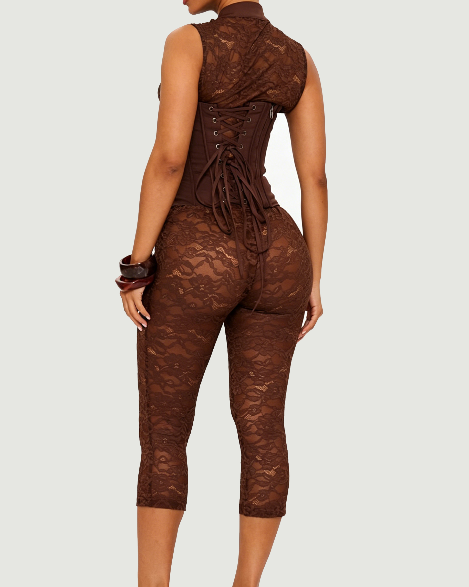 Sleeveless  Lace Corset Capri Jumpsuit Two-piece Set  - By Qivii