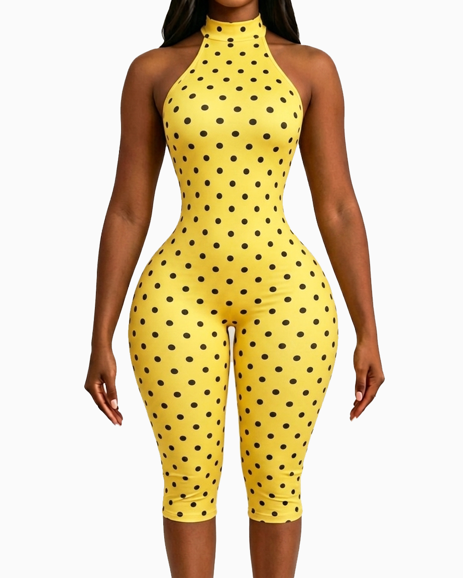 Polka Dot Halter Neck Backless Slim-Fit Stretch Capri Jumpsuit  - By Qivii