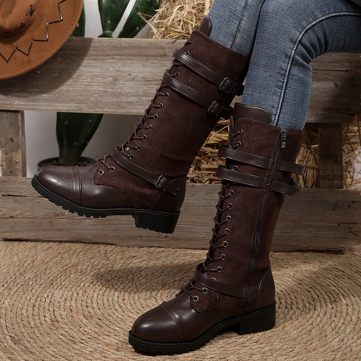 Women's Rogue Riding Boots - PU & Denim Lace-Up Combat Boots (US 5-10.5)