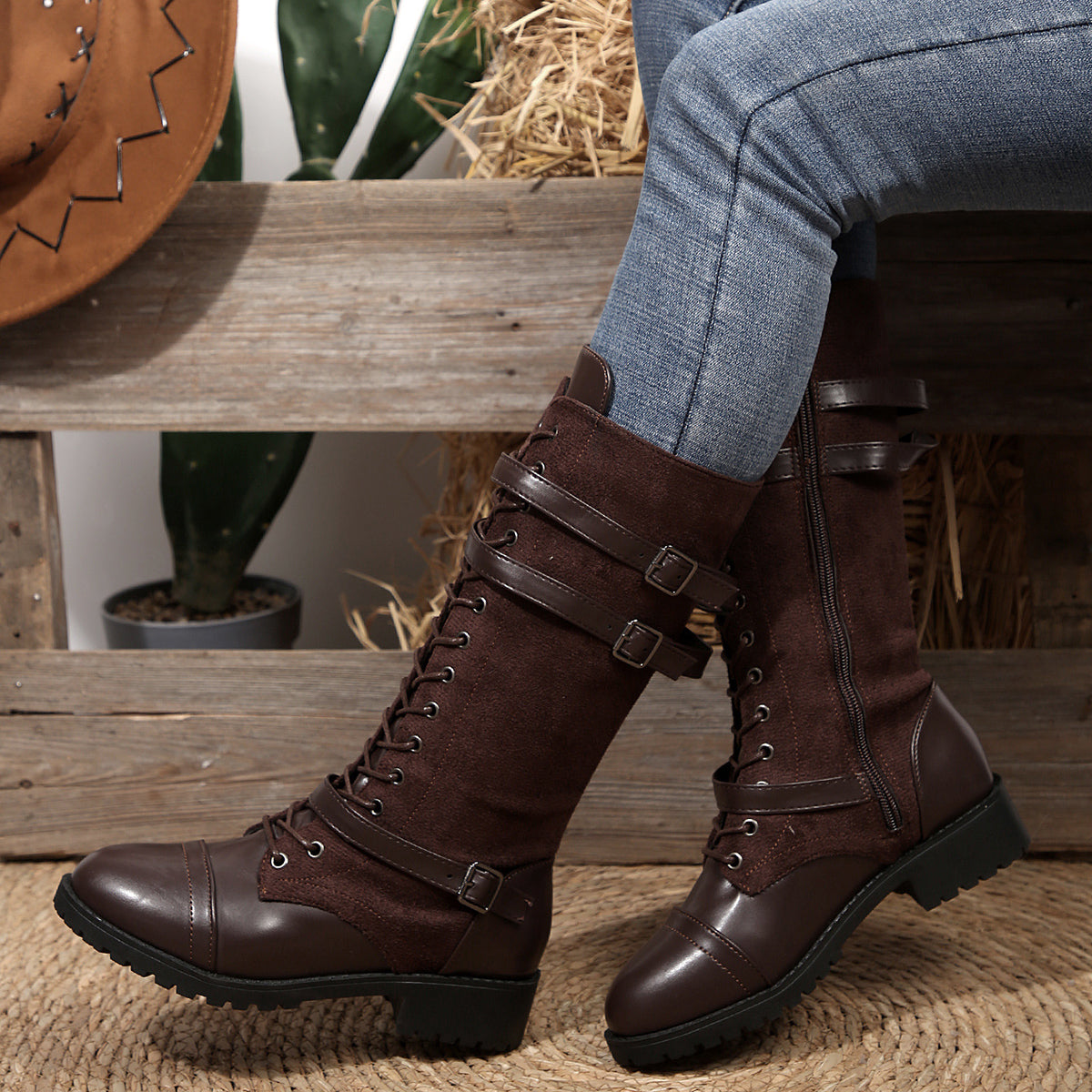 Women's Rogue Riding Boots - PU & Denim Lace-Up Combat Boots (US 5-10.5)