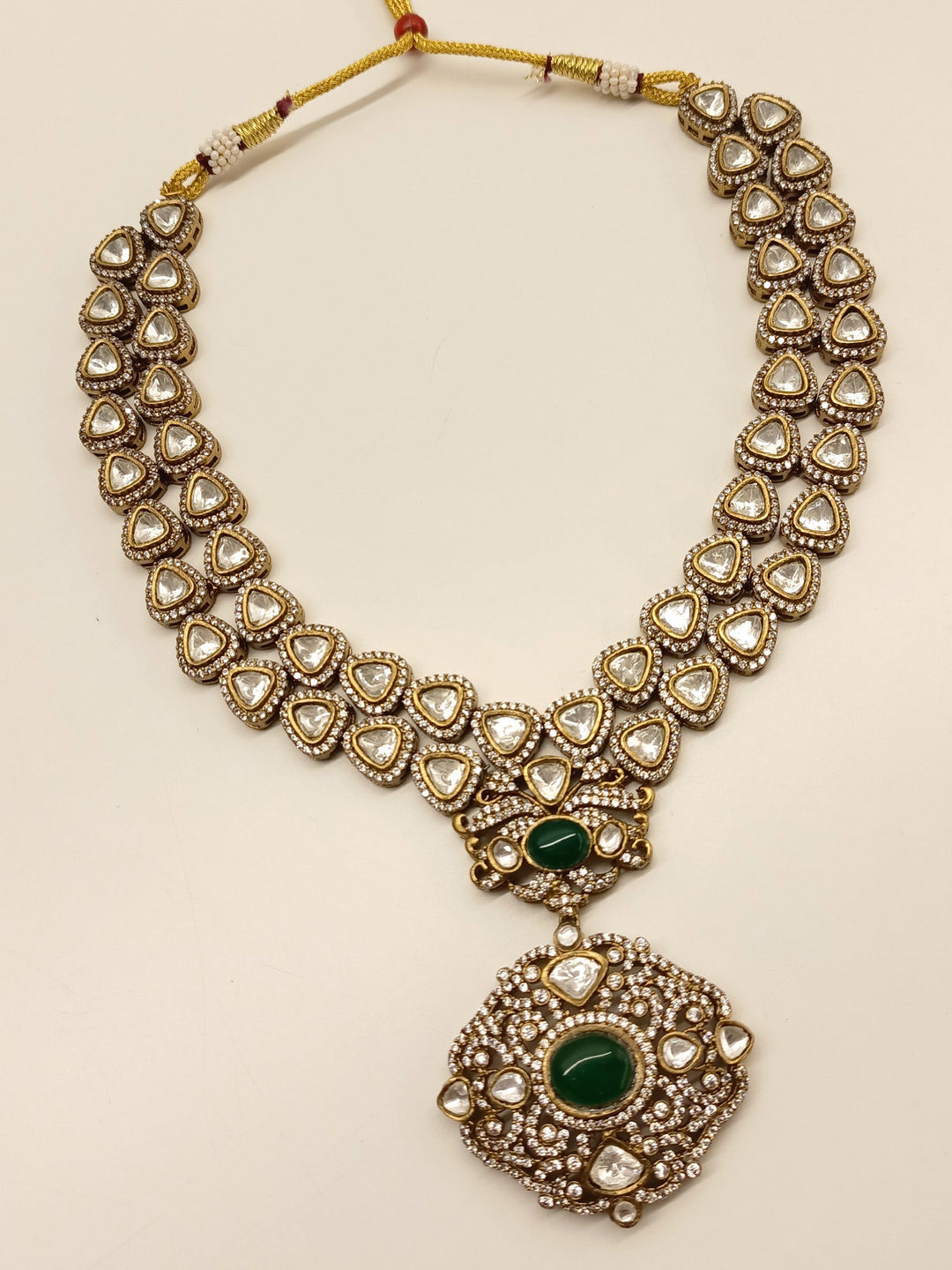 Ekantika Emerald Stone With Kundan Victorian Necklace Set