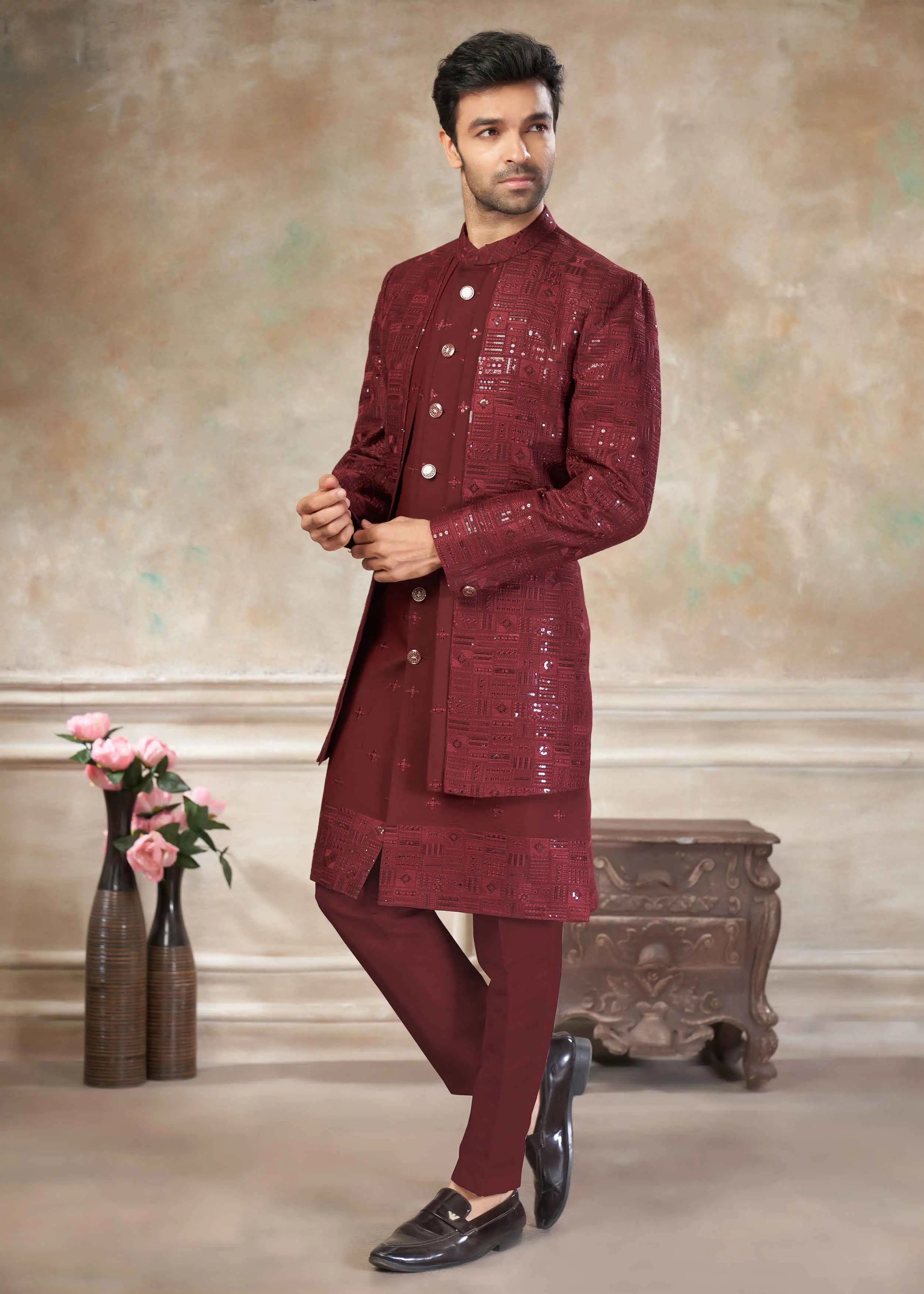 Maroon Sequins Embroidery Work Indo Western