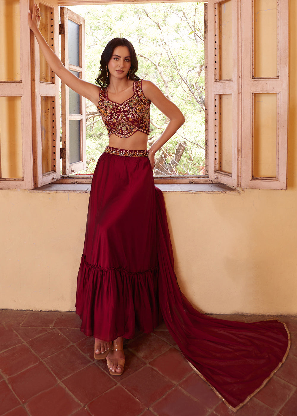 Cherry Red Georgette lehenga Choli with Embroidery work | Ready To Wear - qivii