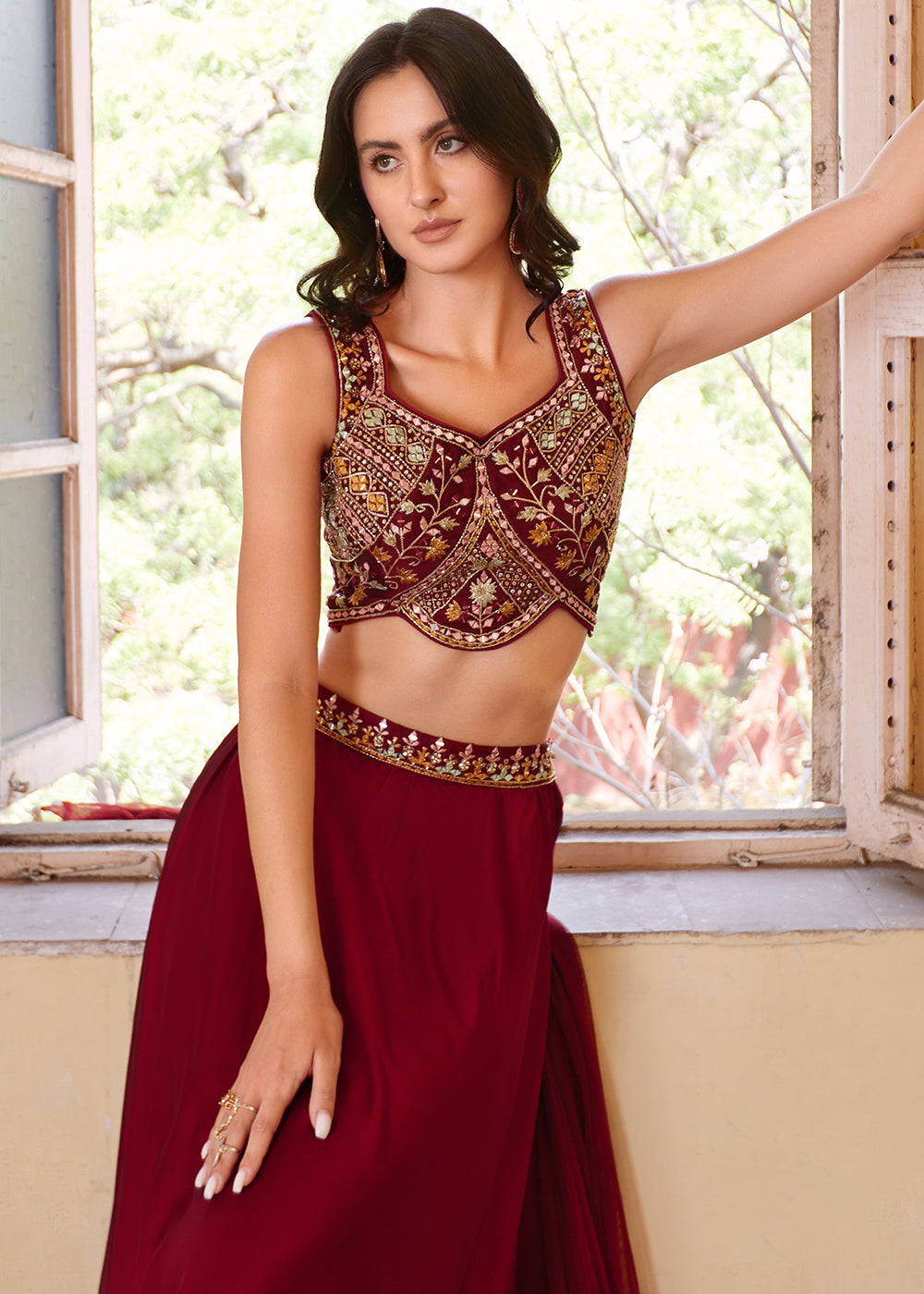 Cherry Red Georgette lehenga Choli with Embroidery work | Ready To Wear - qivii