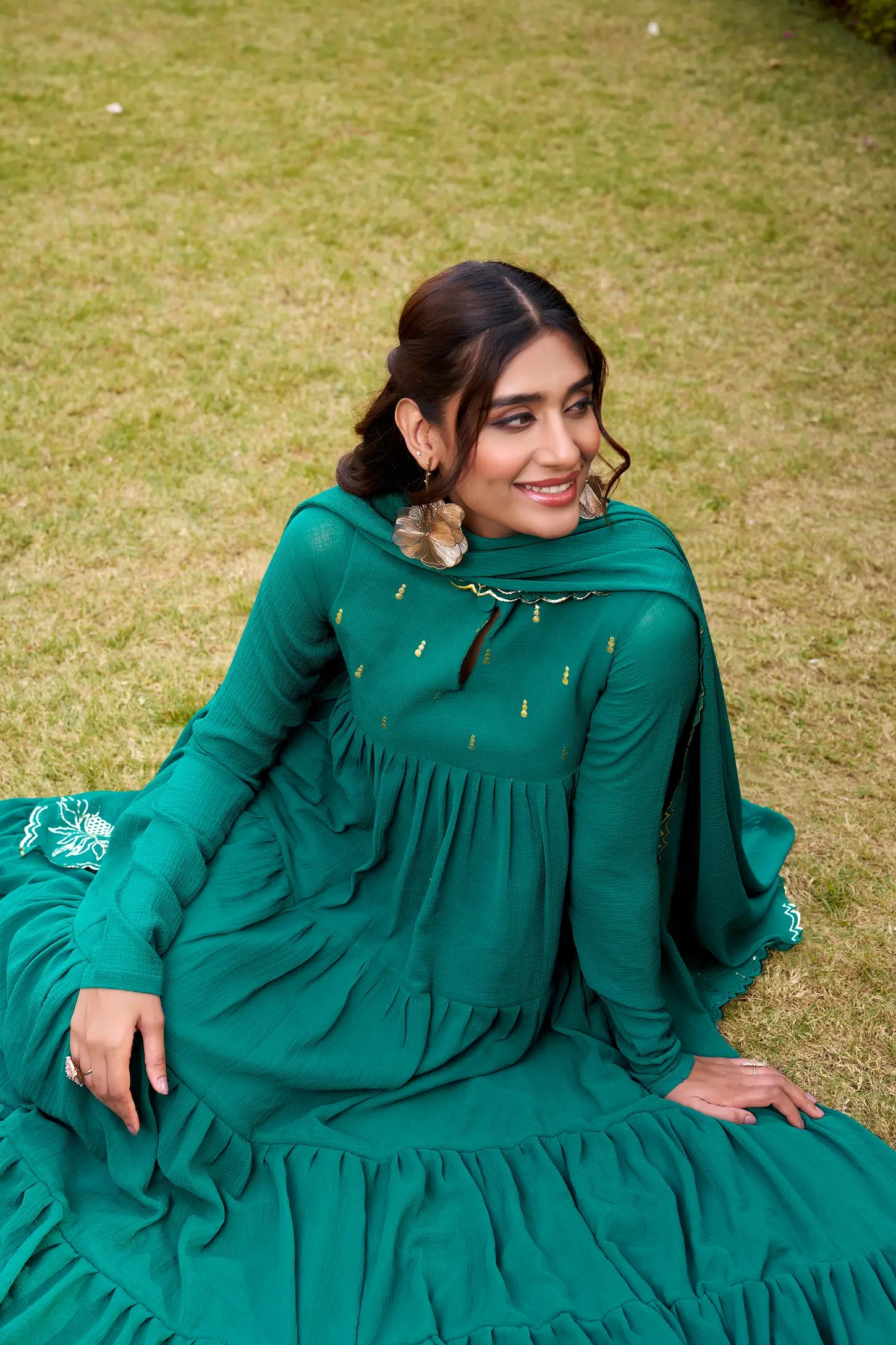 Dark Teal Flared Gown With Foil Work