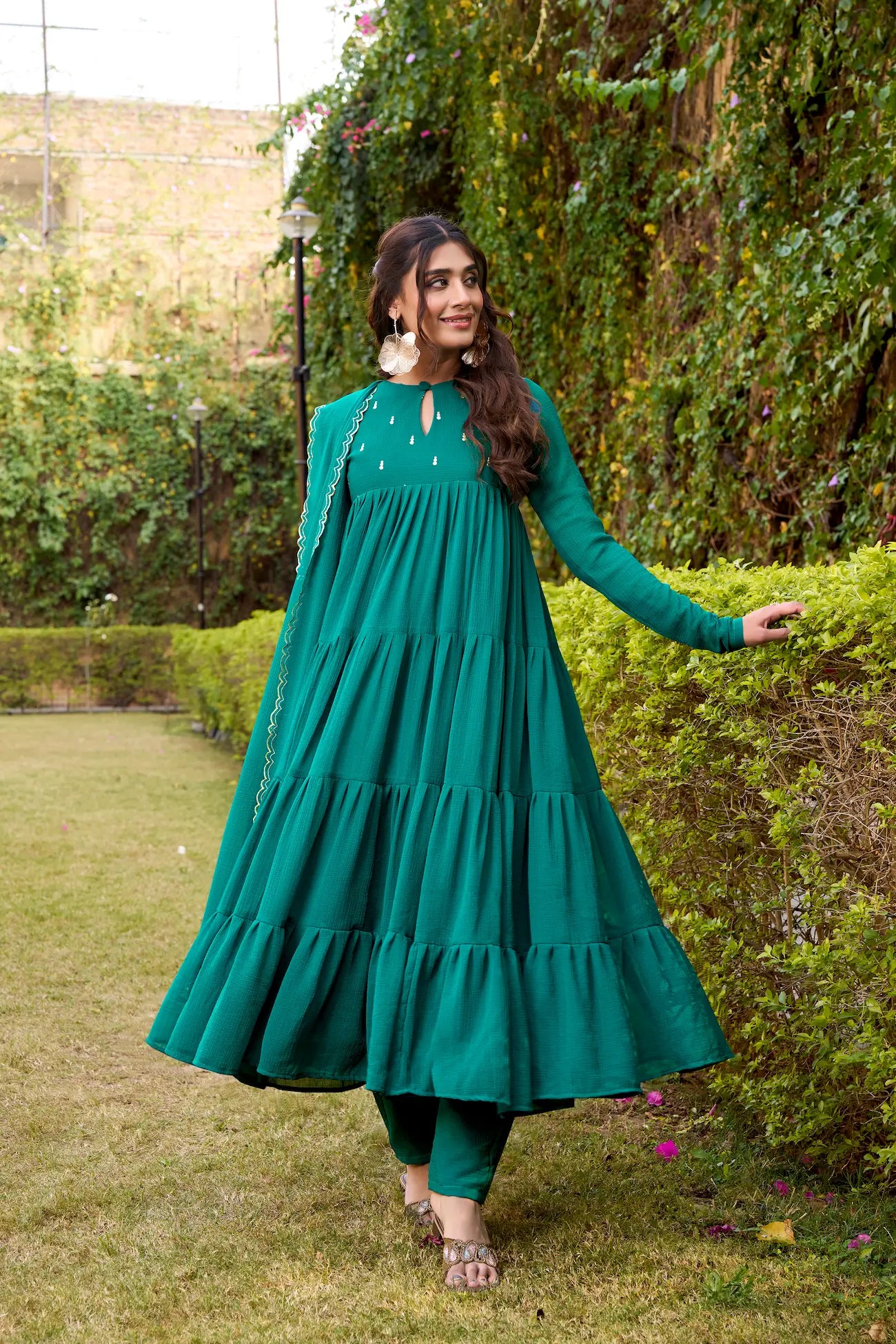 Dark Teal Flared Gown With Foil Work