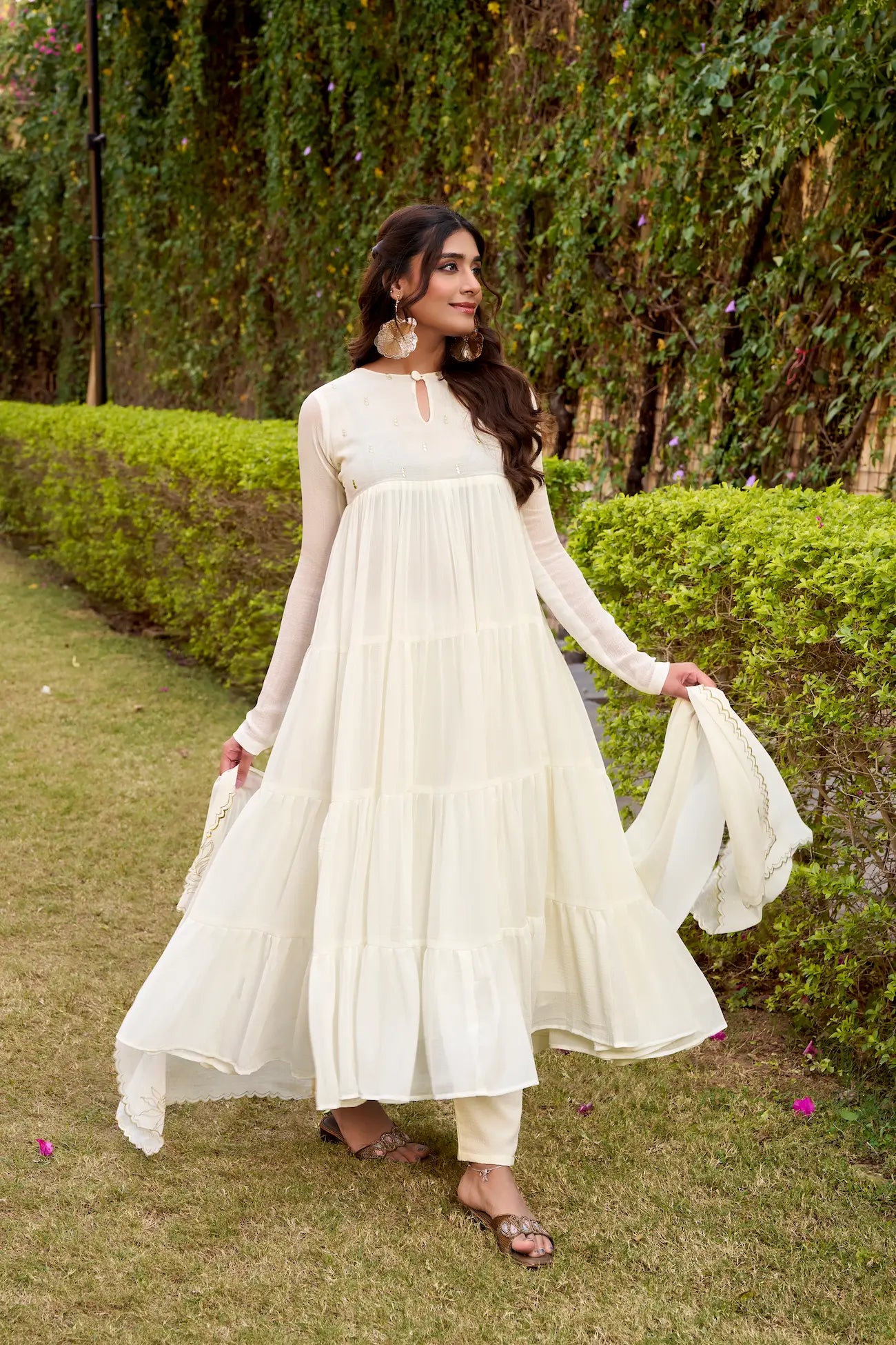 Pearl White Flared Gown With Foil Work