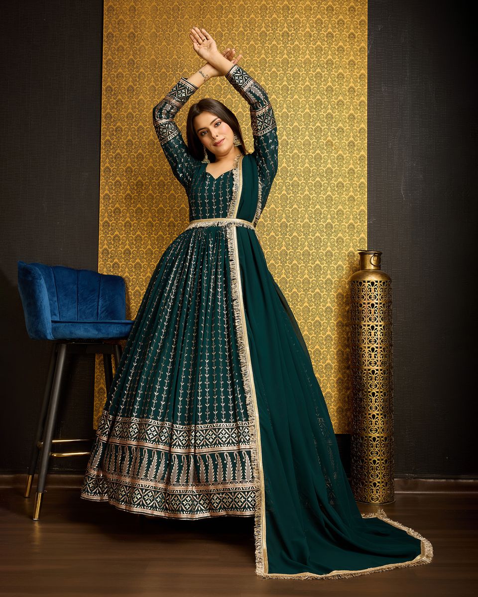 Green Foil Printed Anarkali Gown With Dupatta