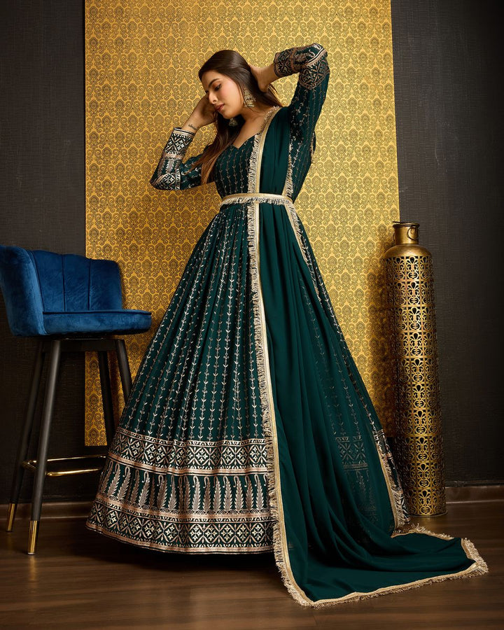 Green Foil Printed Anarkali Gown With Dupatta