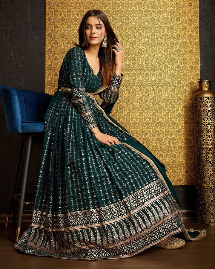 Green Foil Printed Anarkali Gown With Dupatta