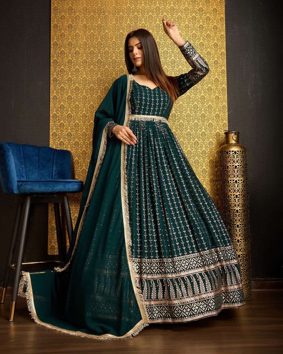 Green Foil Printed Anarkali Gown With Dupatta