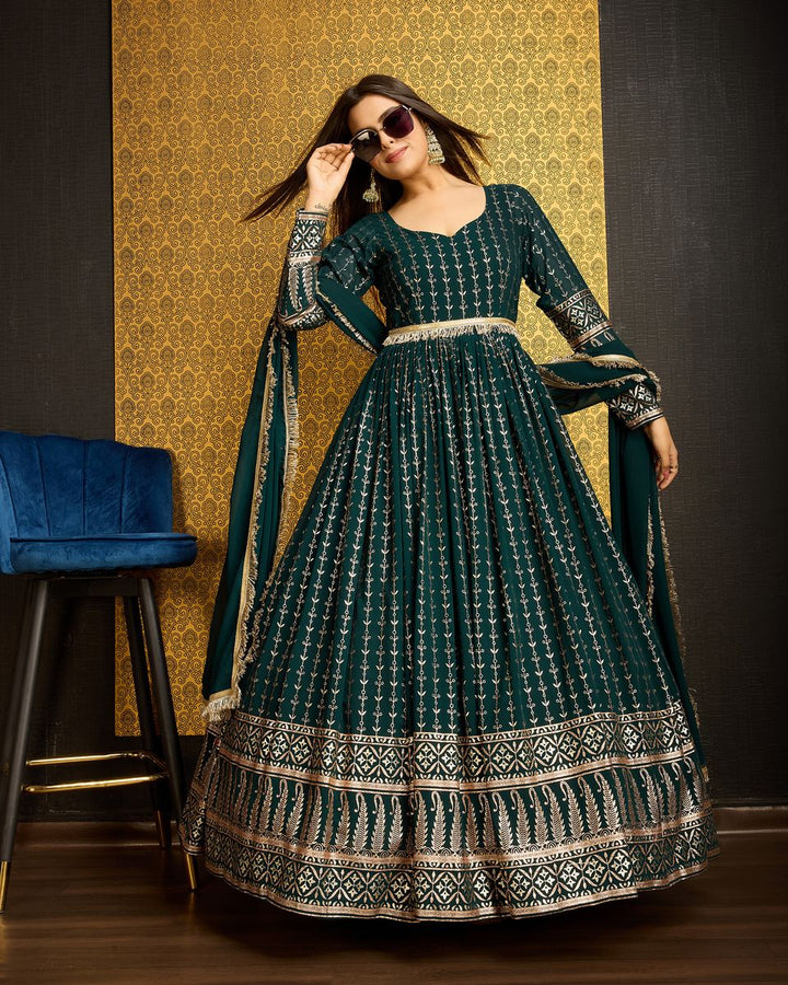 Green Foil Printed Anarkali Gown With Dupatta