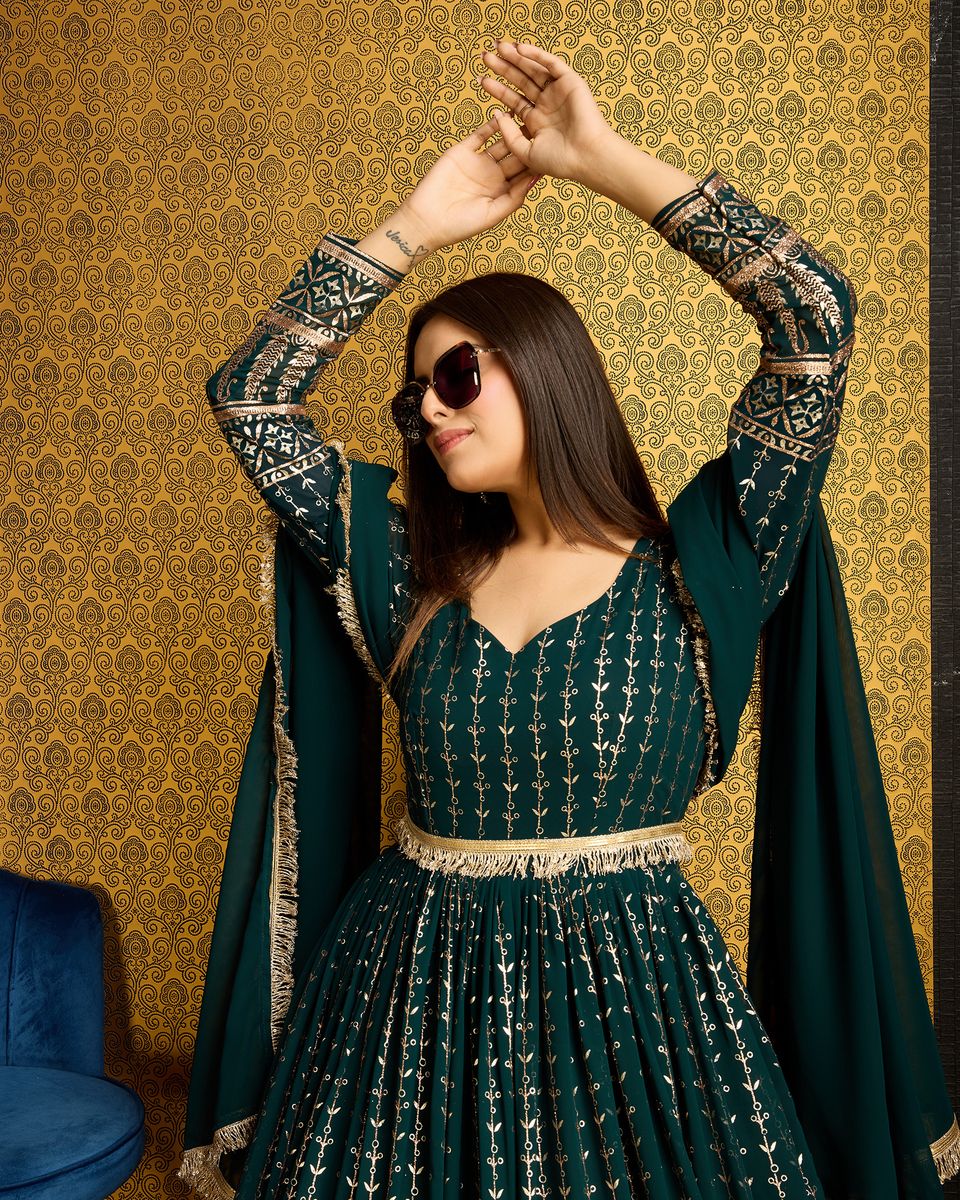 Green Foil Printed Anarkali Gown With Dupatta