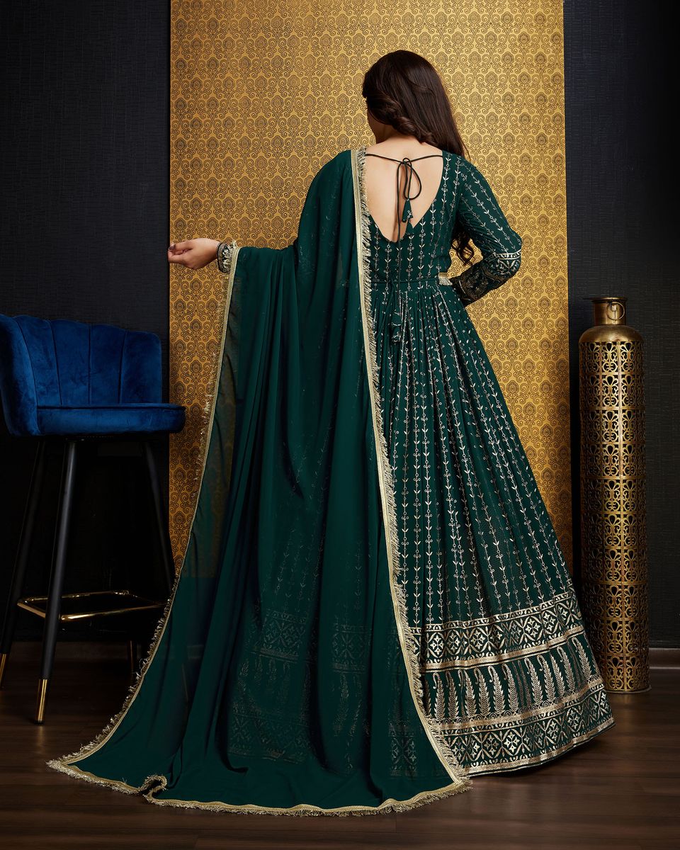 Green Foil Printed Anarkali Gown With Dupatta