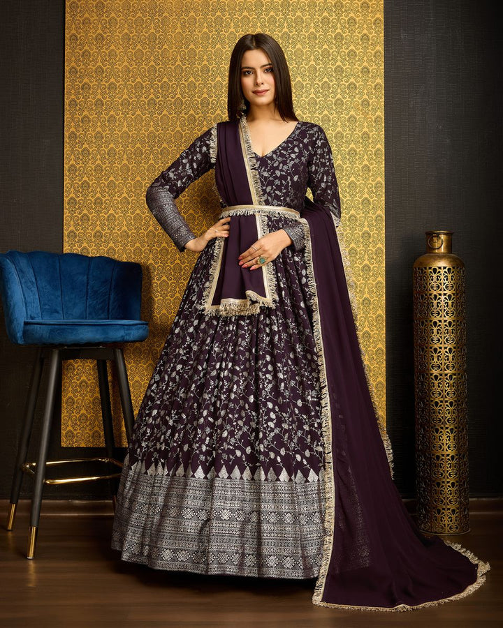 Dark Wine Printed Anarkali Gown With Dupatta