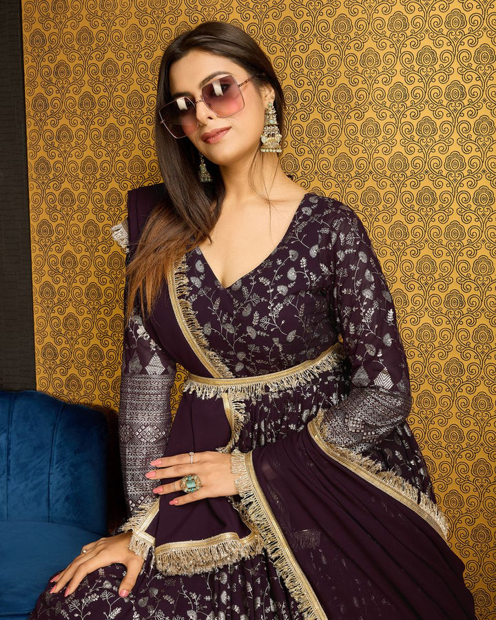 Dark Wine Printed Anarkali Gown With Dupatta