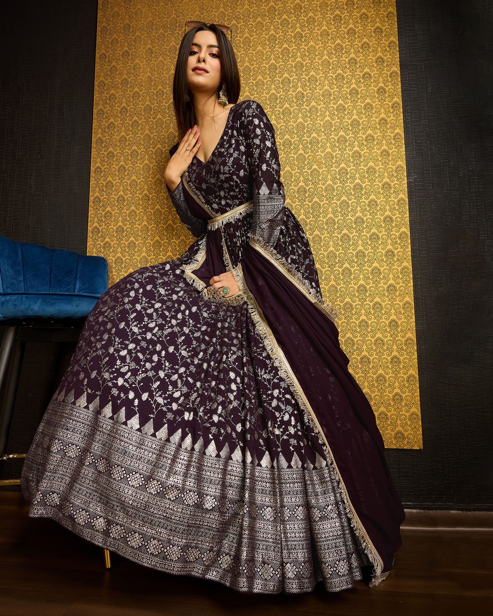 Dark Wine Printed Anarkali Gown With Dupatta