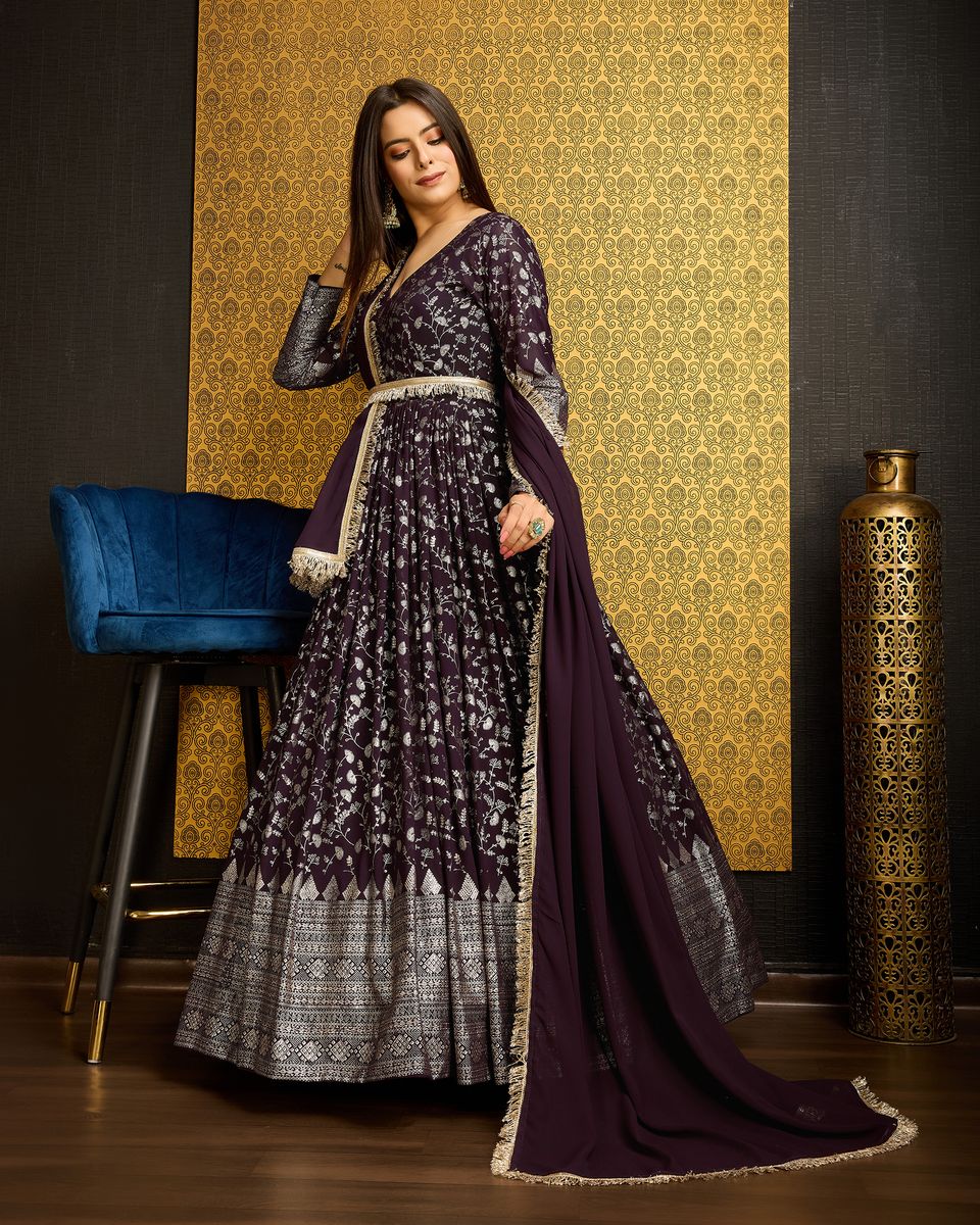 Dark Wine Printed Anarkali Gown With Dupatta