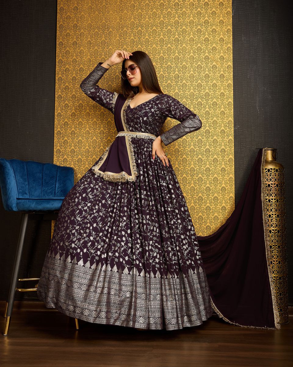 Dark Wine Printed Anarkali Gown With Dupatta