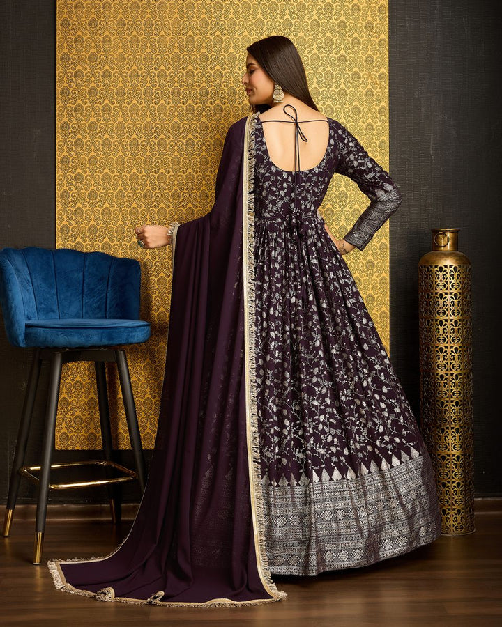 Dark Wine Printed Anarkali Gown With Dupatta