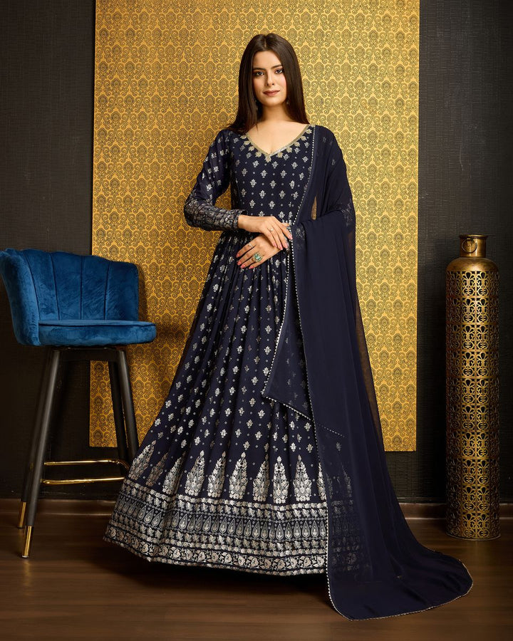 Navy Blue Printed Anarkali Gown With Dupatta