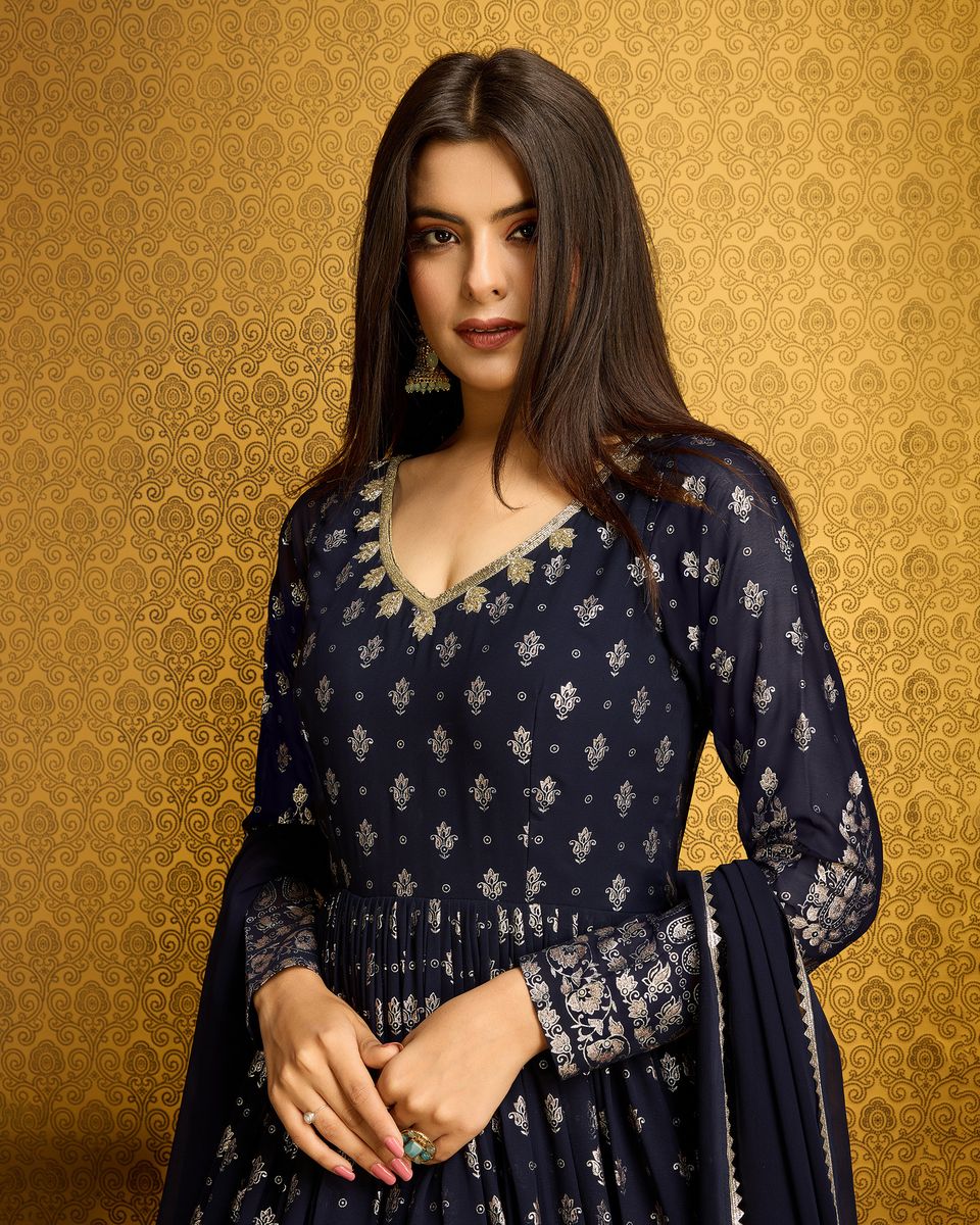 Navy blue printed Anarkali gown with matching dupatta for elegant occasions