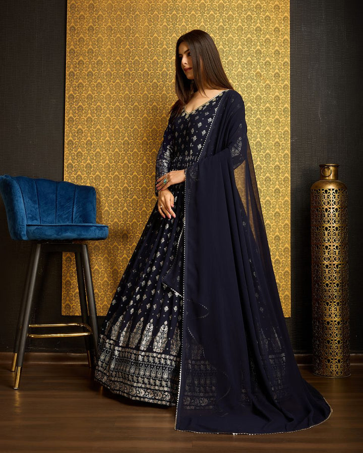 Navy Blue Printed Anarkali Gown With Dupatta