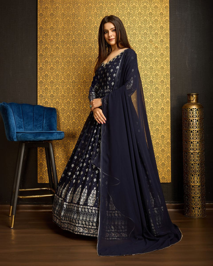 Navy Blue Printed Anarkali Gown With Dupatta