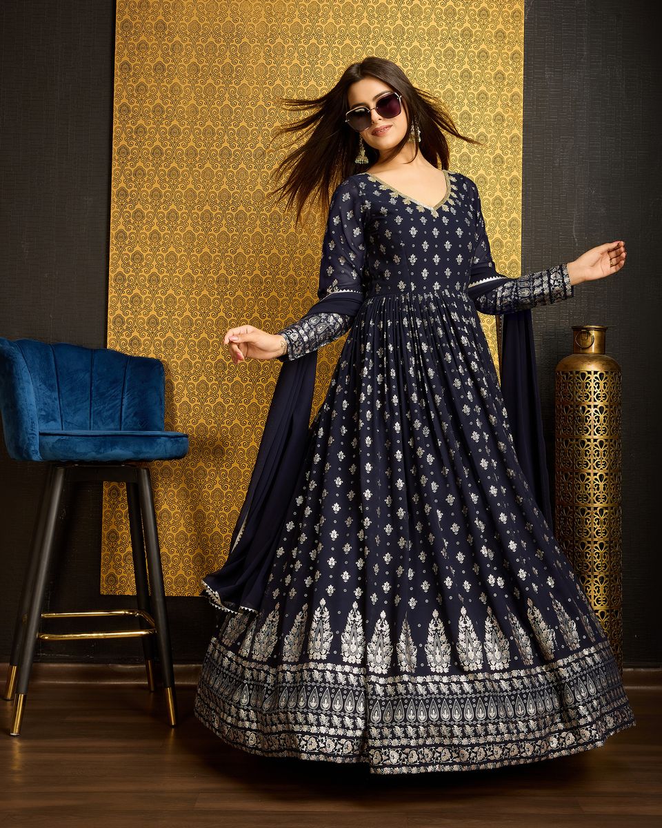 Navy Blue Printed Anarkali Gown With Dupatta