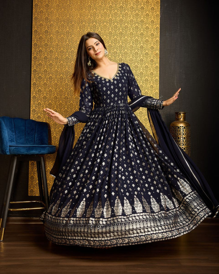 Navy Blue Printed Anarkali Gown With Dupatta