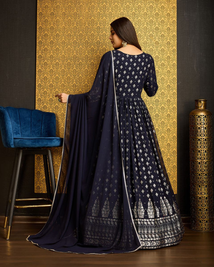 Navy Blue Printed Anarkali Gown With Dupatta