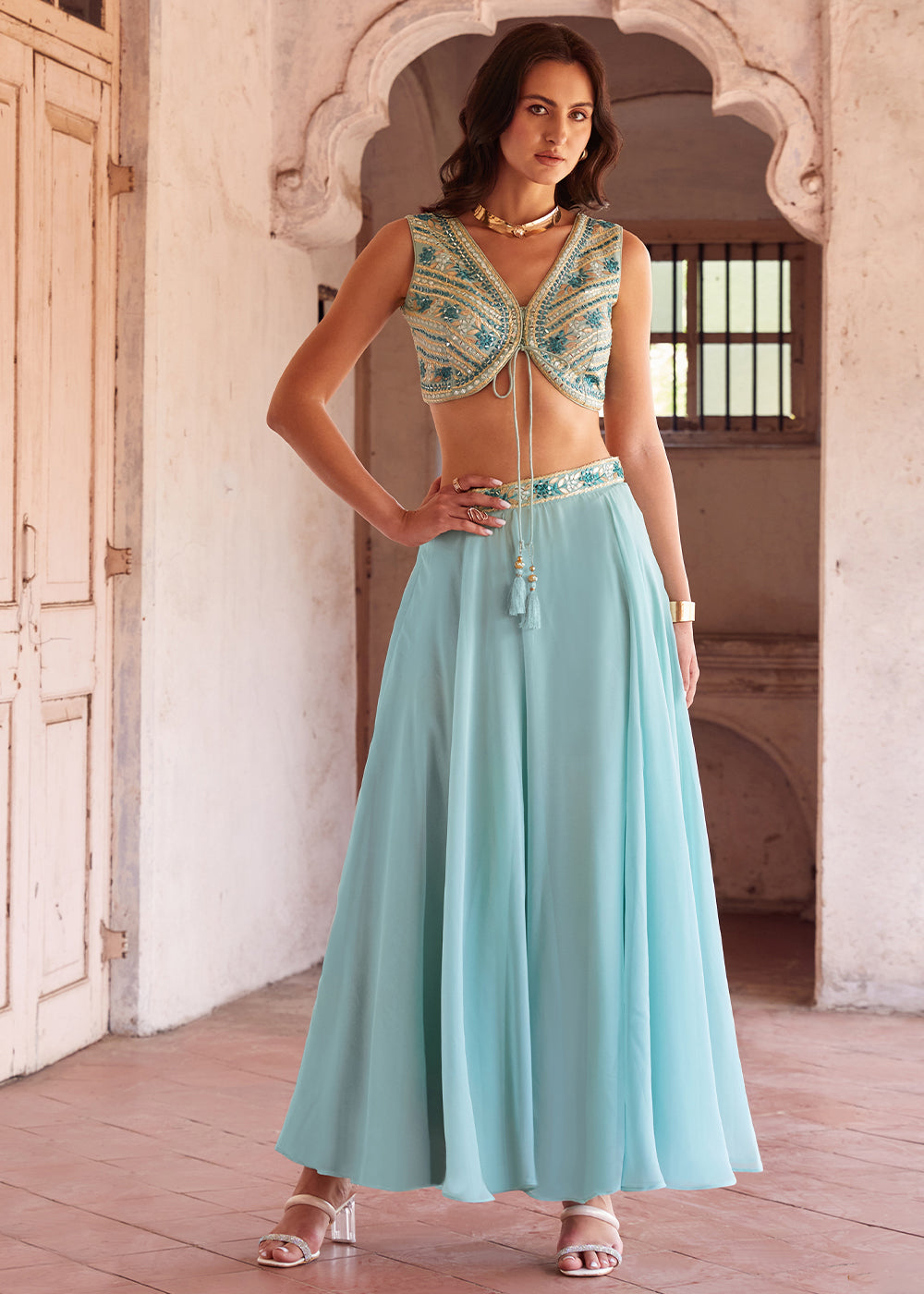 Light Blue Georgette lehenga Choli with Embroidery work | Ready To Wear - qivii