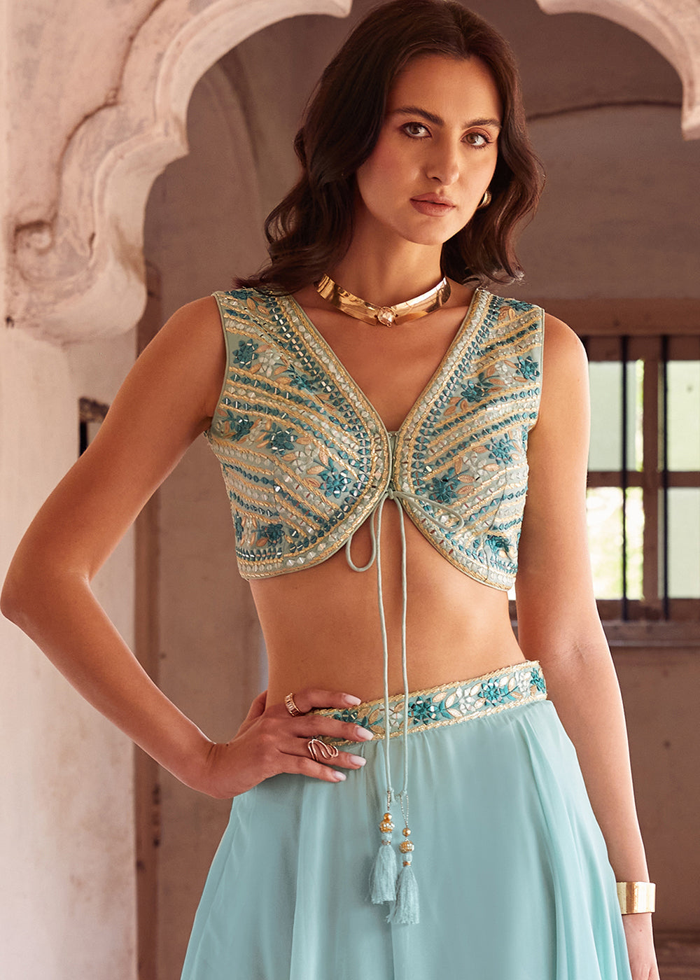 Light Blue Georgette lehenga Choli with Embroidery work | Ready To Wear - qivii