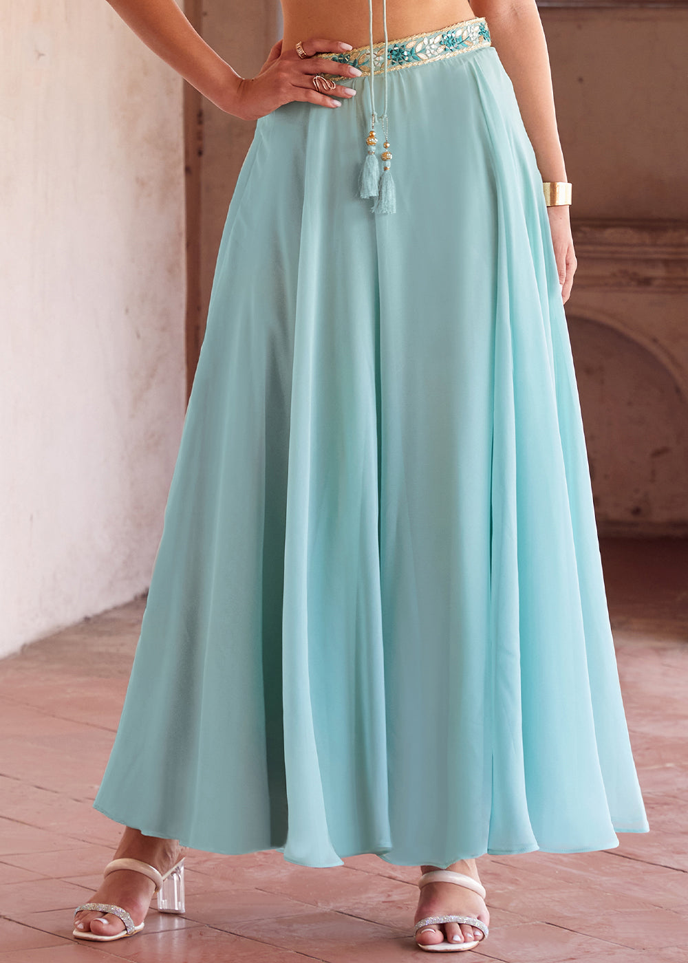 Light Blue Georgette lehenga Choli with Embroidery work | Ready To Wear - qivii