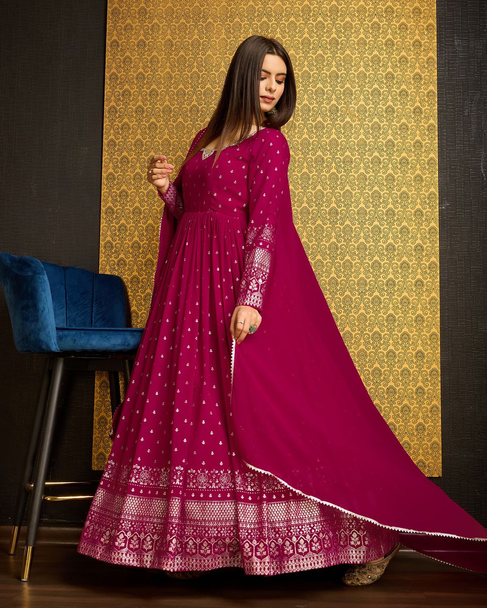 Rani Pink Printed Anarkali Gown With Dupatta