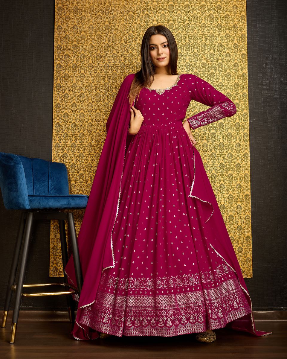 Rani Pink Printed Anarkali Gown With Dupatta